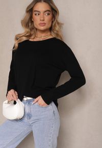 Renee - Czarny Sweter z Kaszmirem Ozdobiony Kieszeniami Saniswena. Kolor: czarny. Materiał: kaszmir. Długość rękawa: długi rękaw. Długość: długie. Wzór: aplikacja. Styl: klasyczny, elegancki