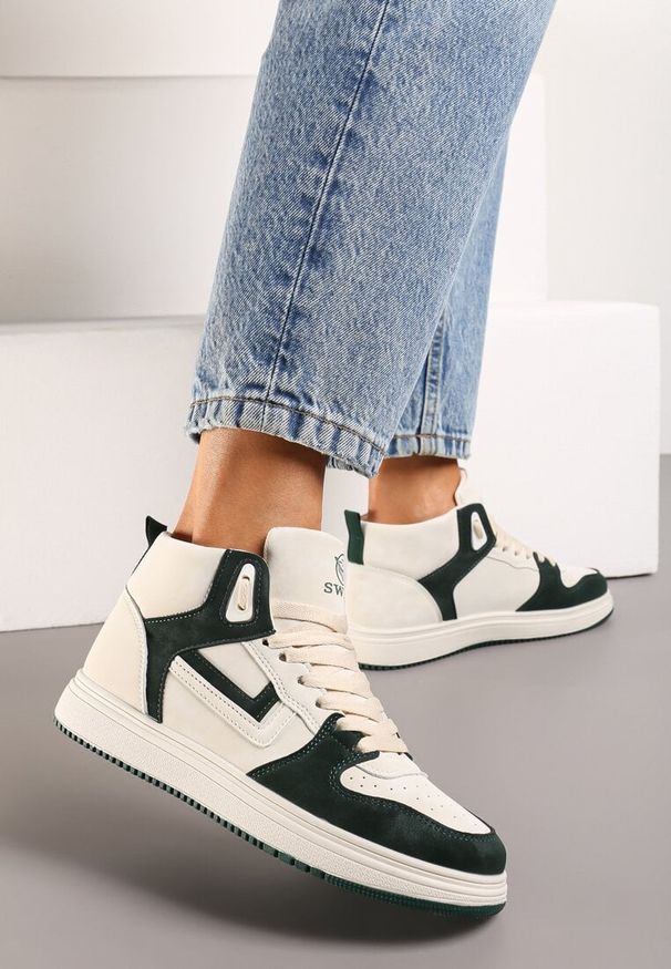 Born2be - Beżowo-Zielone Sneakersy Alcothee. Kolor: beżowy. Materiał: jeans. Obcas: na obcasie. Wysokość obcasa: niski