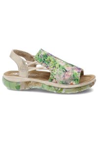 Sandały damskie Rieker, cholewka ze skóry ekologicznej z materiałowym wnętrzem i wsuwane, kolorowe, 64841-90. Okazja: na co dzień, na spacer. Zapięcie: bez zapięcia. Kolor: zielony. Materiał: materiał, skóra ekologiczna. Wzór: kolorowy. Sezon: lato. Styl: wakacyjny, casual #3