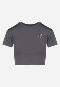 Born2be - Ciemnoszary T-shirt Crop Top Ozdobiony Literką Koliviela. Okazja: na co dzień. Kolor: szary. Materiał: jeans. Długość: krótkie. Wzór: aplikacja. Styl: elegancki, casual