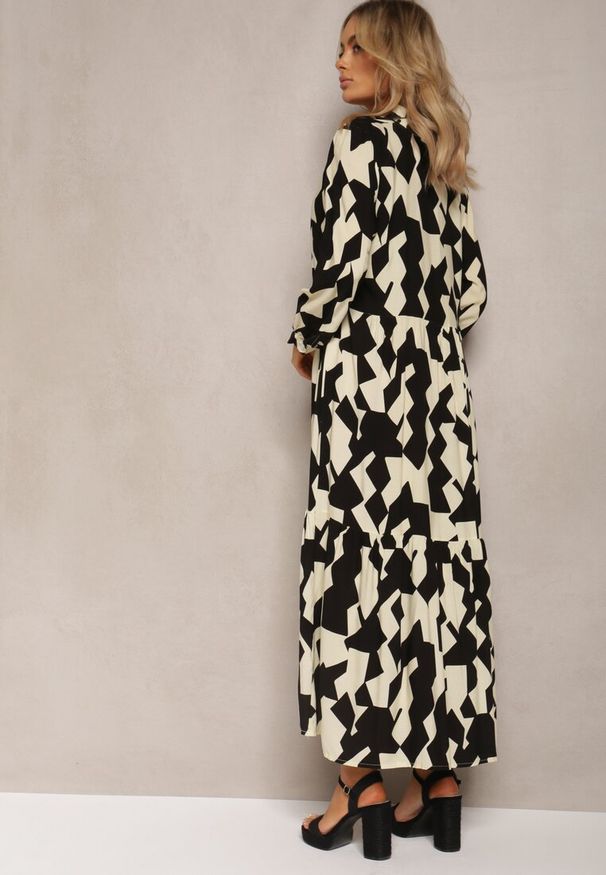 Renee - Beżowo-Czarna Koszulowa Sukienka Maxi w Geometryczny Wzór Qerida. Okazja: na co dzień. Kolor: czarny. Długość rękawa: krótki rękaw. Wzór: geometria. Typ sukienki: koszulowe. Styl: casual. Długość: maxi