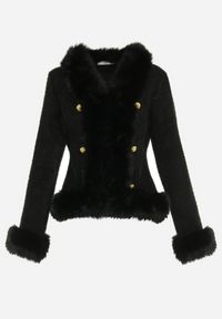 Born2be - Czarna Wiskozowa Kurtka Ozdobiona Puchatym Futerkiem i Biżuteryjnymi Guzikami Radona. Kolor: czarny. Materiał: wiskoza, futro. Wzór: aplikacja #2