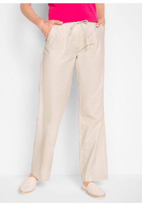 bonprix - Spodnie lniane z szerokimi nogawkami. Kolor: beżowy. Materiał: len