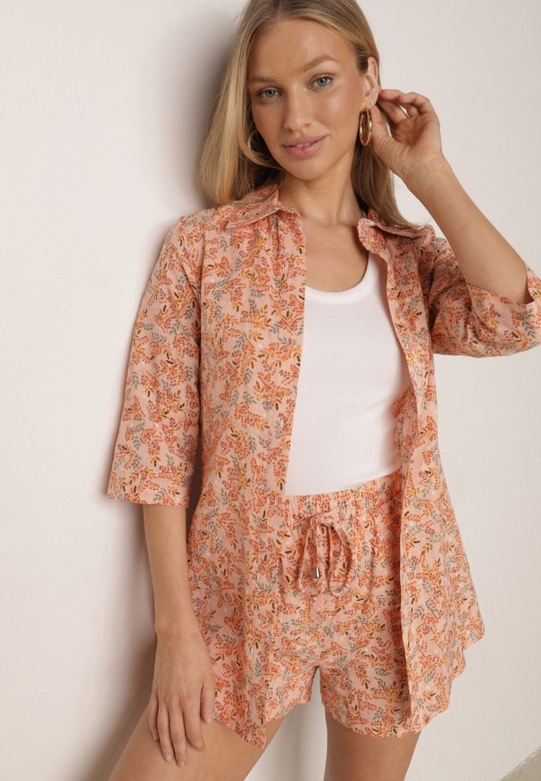 Born2be - Pomarańczowy Bawełniany Komplet w Kwiaty Koszula i Szorty Aelryn. Kolor: pomarańczowy. Materiał: bawełna. Wzór: kwiaty