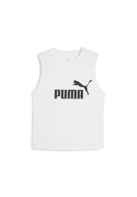 Puma - Damska wąska koszulka bez rękawów z logo No. 1 ESS PUMA White. Kolor: biały. Materiał: guma. Długość rękawa: bez rękawów. Wzór: nadruk. Sport: bieganie
