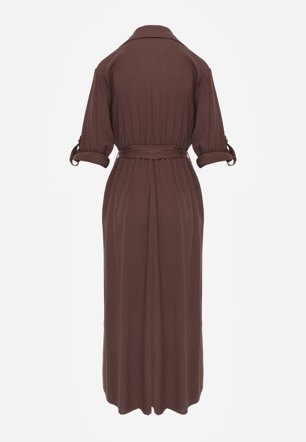 Born2be - Brązowa Bawełniana Sukienka Koszulowa z Paskiem i Regulowanymi Rękawami Sadevia. Okazja: do pracy, na co dzień, na spotkanie biznesowe, na spacer. Kolor: brązowy. Materiał: bawełna. Typ sukienki: koszulowe. Styl: elegancki, biznesowy, klasyczny, casual. Długość: midi