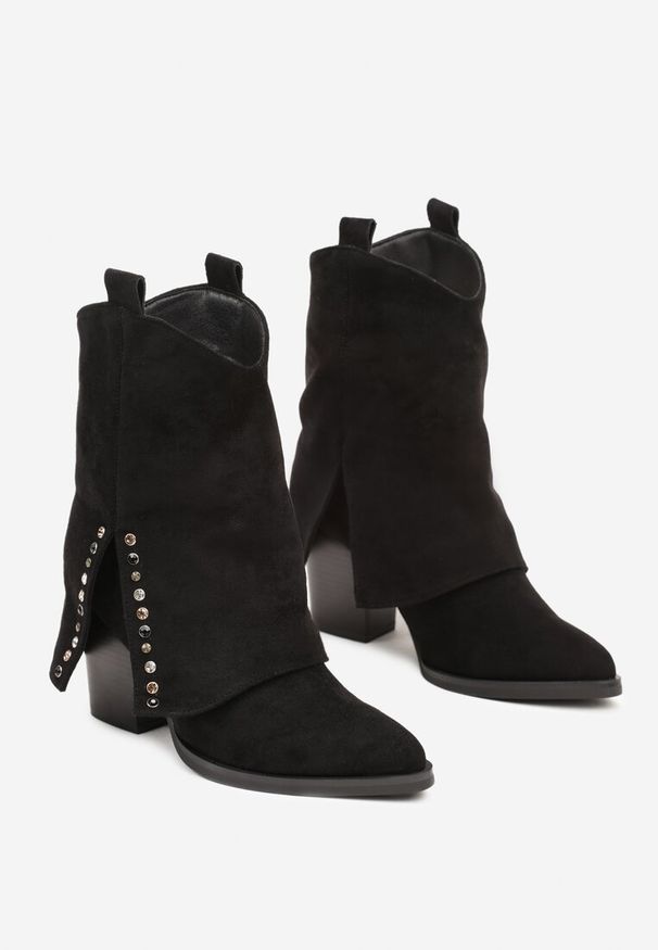 Renee - Czarne Botki na Stożkowym Obcasie z Wywiniętą Cholewką i Cyrkoniami Movene. Okazja: na co dzień. Kolor: czarny. Szerokość cholewki: normalna. Wzór: aplikacja. Obcas: na obcasie. Styl: wizytowy, klasyczny, casual, elegancki. Wysokość obcasa: średni