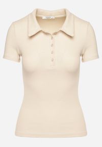 Born2be - Beżowy Bawełniany T-shirt Prążkowany Typu Polo z Guzikami Avelavia. Okazja: na co dzień. Typ kołnierza: polo. Kolor: beżowy. Materiał: bawełna, prążkowany. Styl: klasyczny, casual