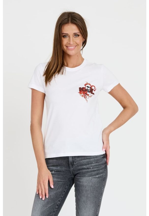 Karl Lagerfeld - KARL LAGERFELD Biały damski t-shirt ikonik lny, Rozmiar XS. Kolor: biały. Materiał: len