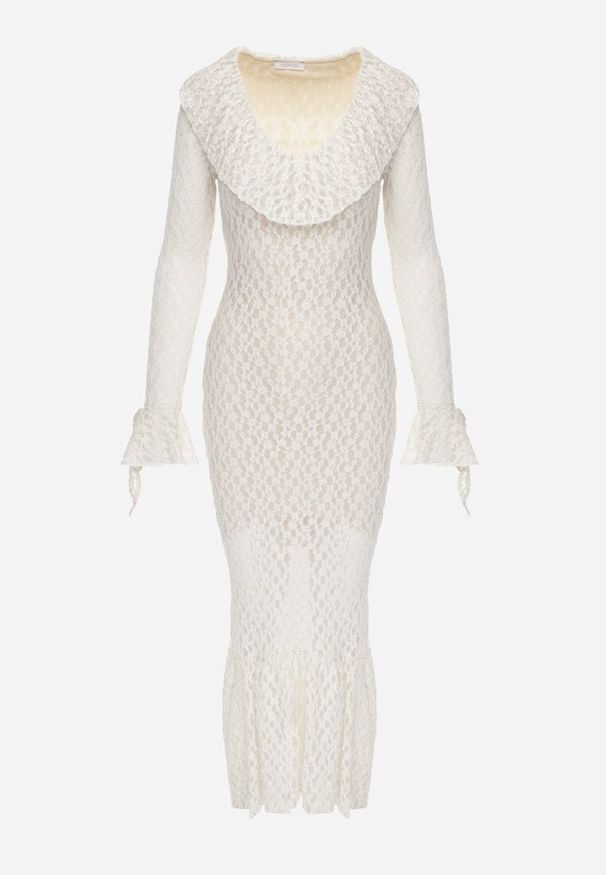 Renee - Beżowa Wieczorowa Sukienka z Koronki Zdobiona Falbanami Lunetra. Typ kołnierza: dekolt w kształcie V. Kolor: beżowy. Materiał: koronka. Wzór: aplikacja, koronka. Styl: wizytowy