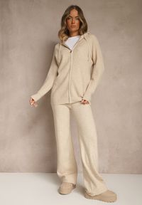 Renee - Beżowy Dzianinowy Komplet Dresowy z Wełną Bluza z Kapturem i Spodnie Essana. Kolor: beżowy. Materiał: wełna, dresówka, dzianina