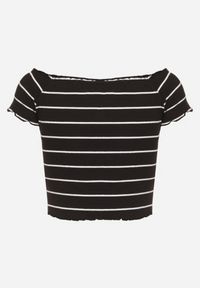 Born2be - Czarny Top z Bawełny Typu Hiszpanka w Paski Lireena. Okazja: na co dzień. Typ kołnierza: dekolt hiszpanka. Kolor: czarny. Materiał: bawełna. Wzór: paski. Sezon: wiosna. Styl: klasyczny, casual