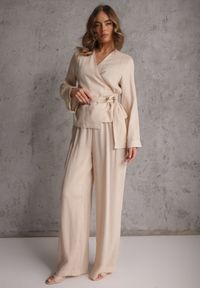 Renee - Beżowe Spodnie Wide Leg High Waist z Wiskozy Terilinae. Okazja: na co dzień. Stan: podwyższony. Kolor: beżowy. Materiał: wiskoza. Wzór: haft. Styl: casual #5