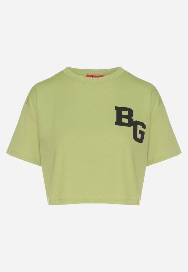 Born2be - Zielony Bawełniany T-shirt Oversize o Krótkim Kroju Zariona. Okazja: na co dzień. Kolor: zielony. Materiał: bawełna. Długość: krótkie. Wzór: aplikacja. Styl: klasyczny, elegancki, casual
