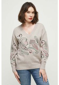 medicine - Medicine sweter damski kolor beżowy. Kolor: beżowy. Długość rękawa: długi rękaw. Długość: długie. Wzór: haft #4