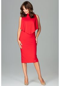 Lenitif - Dopasowana sukienka midi z doszytą pelerynką czerwona. Kolor: czerwony. Typ sukienki: ołówkowe, dopasowane. Styl: elegancki. Długość: midi #3