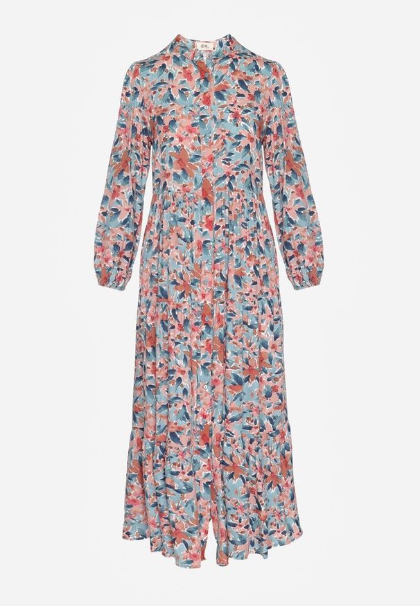 Renee - Różowo-Niebieska Sukienka z Rozcięciem i Kwiatowym Wzorem Phaelerine. Kolor: różowy. Długość rękawa: długi rękaw. Wzór: kwiaty. Styl: klasyczny. Długość: maxi