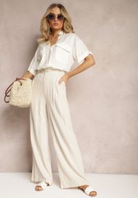 Renee - Beżowe Szerokie Spodnie High Waist z Lnu i Wiskozy Apoises. Okazja: na co dzień. Stan: podwyższony. Kolor: beżowy. Materiał: wiskoza, len. Długość: długie. Sezon: lato. Styl: casual, elegancki