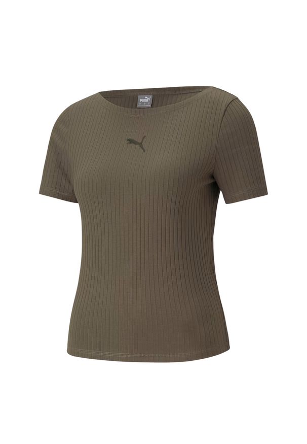 Puma - T-shirt Damski Prążkowana Slim. Kolor: zielony. Materiał: prążkowany