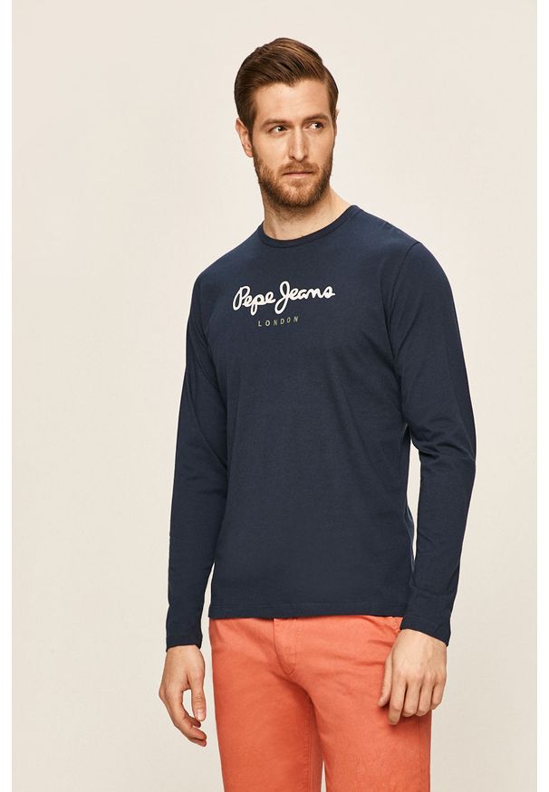 Pepe Jeans - Longsleeve Eggo. Okazja: na co dzień. Kolor: niebieski. Materiał: bawełna, dzianina. Długość rękawa: długi rękaw. Wzór: nadruk. Styl: casual