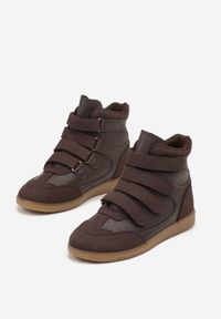 Renee - Brązowe Sneakersy na Ukrytym Koturnie Ozdobione Przeszyciami Tlavie. Okazja: na co dzień. Zapięcie: rzepy. Kolor: brązowy. Materiał: jeans. Wzór: aplikacja. Obcas: na koturnie #4