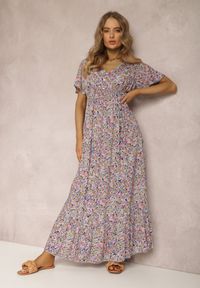 Renee - Fioletowo-Granatowa Sukienka Amarhiolea. Kolor: fioletowy. Długość rękawa: krótki rękaw. Wzór: kwiaty, aplikacja. Styl: klasyczny. Długość: maxi