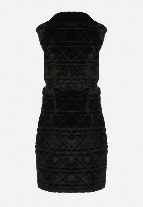 Born2be - Czarna Futrzana Kamizelka z Wiązanym Paskiem i Ozdobnymi Przeszyciami Raetila. Okazja: na co dzień, do pracy, na spotkanie biznesowe. Typ kołnierza: golf. Kolor: czarny. Materiał: futro. Wzór: aplikacja. Styl: biznesowy, casual, elegancki