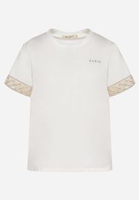 Born2be - Biały T-shirt z Bawełny Zdobiony Koronką z Cekinami Pollea. Okazja: na co dzień. Kolor: biały. Materiał: bawełna, koronka. Długość rękawa: krótki rękaw. Długość: krótkie. Wzór: aplikacja, koronka. Styl: klasyczny, casual