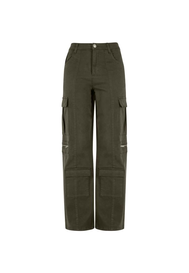 Urban Classics - Spodnie Damskie Utility Twill Stretch Loose Cargo Trousers. Kolor: brązowy, zielony, wielokolorowy