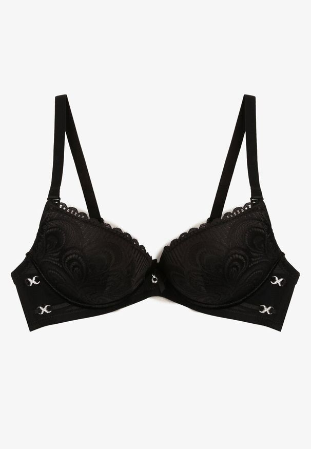 Renee - Czarny Biustonosz z Koronki Typu Push-Up z Usztywnionymi Miseczkami i Zdobieniami Ellalli. Kolor: czarny. Materiał: koronka. Rodzaj stanika: push-up. Wzór: aplikacja, koronka