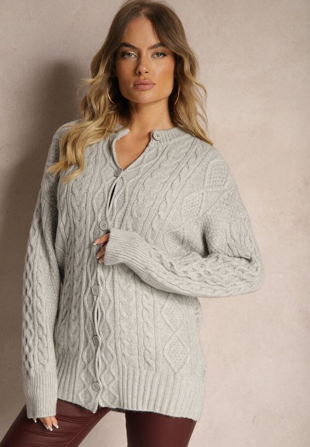 Renee - Szary Kardigan na Guziki z Ozdobnym Splotem Alorinda. Kolor: szary. Materiał: jeans. Wzór: ze splotem