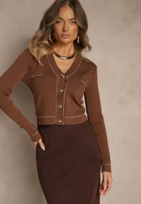 Renee - Brązowy Kardigan Xoc. Kolor: brązowy. Długość rękawa: długi rękaw. Długość: długie. Styl: retro, elegancki
