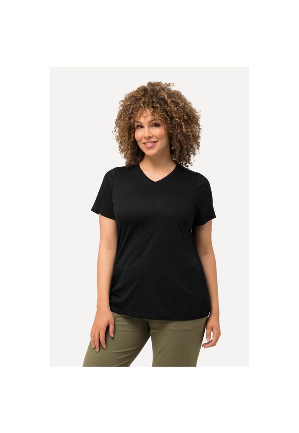 ULLA POPKEN - Damskie Bluzka funkcyjna antybakteryjny materiał dekolt w serek rękaw 1/2. Typ kołnierza: dekolt w serek. Kolekcja: plus size. Kolor: czarny. Materiał: poliester, materiał, wiskoza