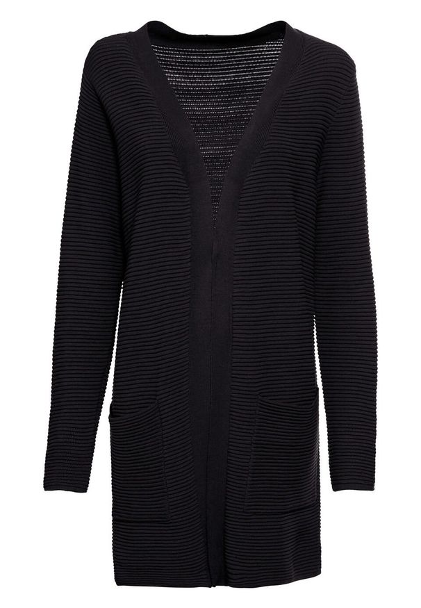 Długi sweter bez zapięcia bonprix czarny. Kolor: czarny. Długość: długie. Wzór: prążki. Styl: elegancki