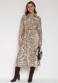 Born2be - Beżowa Sukienka Koszulowa z Wiskozą Zdobiona Paskiem i Wzorem w Węża Delane. Okazja: na co dzień. Kolor: beżowy. Materiał: wiskoza. Wzór: aplikacja. Typ sukienki: koszulowe. Styl: casual, elegancki #2