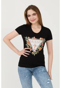 Guess - GUESS Czarny damski t-shirt Triangle Flowers, Rozmiar S. Kolor: czarny