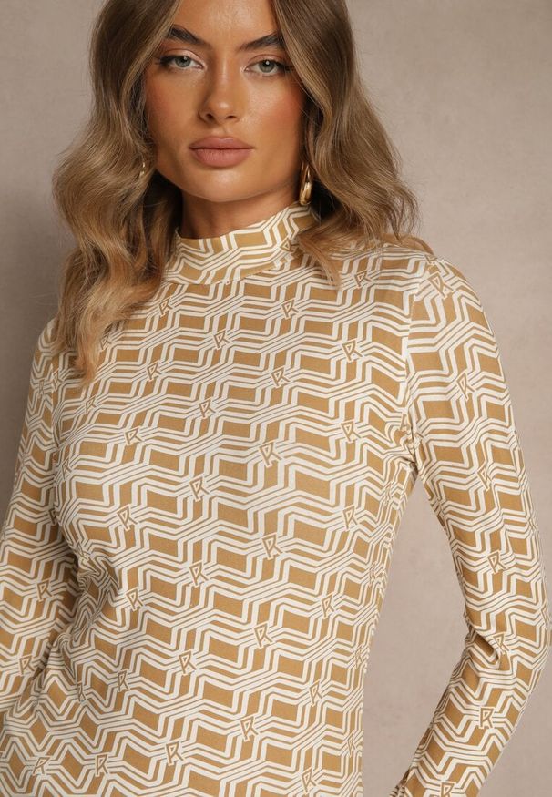 Renee - Biało-Beżowa Bluzka Longsleeve z Golfem z Bawełny w Geometryczny Print Zadanevia. Okazja: na spacer, na co dzień. Typ kołnierza: golf. Kolor: biały. Materiał: bawełna. Długość rękawa: długi rękaw. Wzór: geometria, nadruk. Styl: casual, elegancki