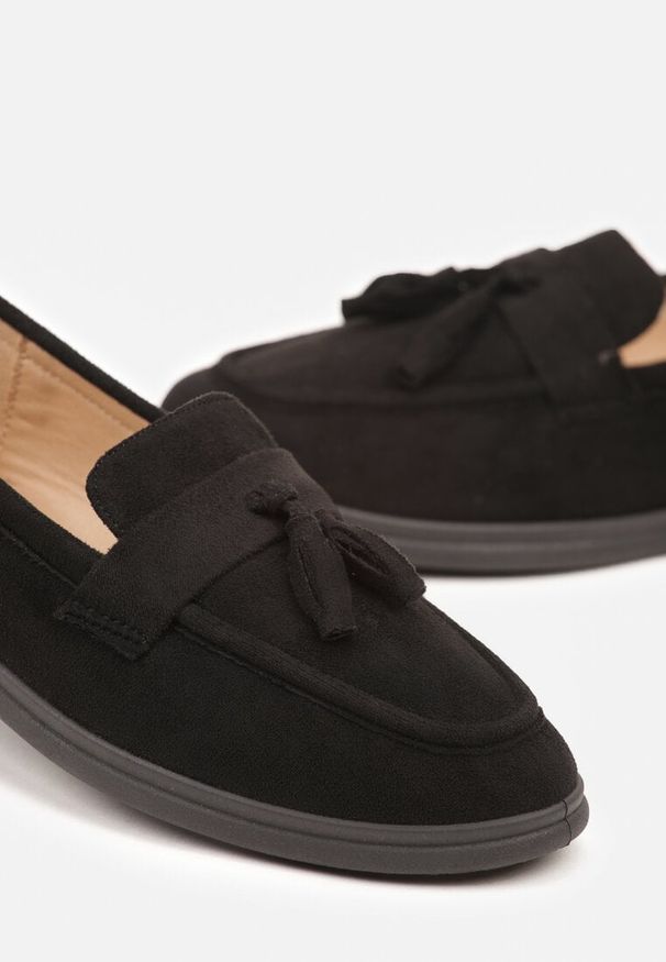 Born2be - Czarne Mokasyny z Frędzlami z Przodu Melarella. Okazja: na co dzień. Kolor: czarny. Materiał: jeans. Styl: casual, elegancki