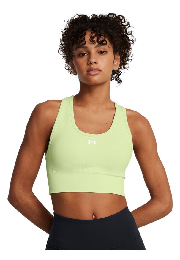 Biustonosz treningowy damski Under Armour Vanish Seamless Mid Bra - żółty. Kolor: żółty. Materiał: elastan, nylon, dzianina, materiał. Sport: kolarstwo, fitness