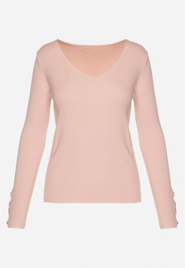 Born2be - Jasnoróżowy Sweter z Dekoltem V i Ozdobnymi Guzikami na Rękawach Atterisa. Okazja: na co dzień. Typ kołnierza: dekolt w kształcie V. Kolor: różowy. Materiał: jeans. Długość rękawa: długi rękaw. Długość: długie. Wzór: aplikacja. Styl: casual