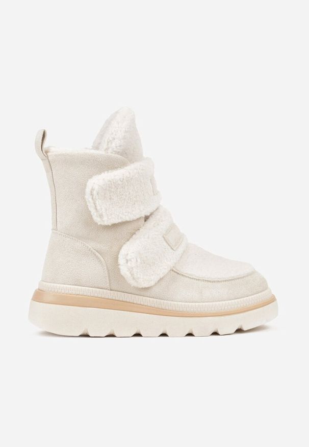 Born2be - Beżowe Botki Śniegowce na Grubej Podeszwie Ozdobione Szerokimi Rzepami Amerria. Okazja: na co dzień. Zapięcie: rzepy. Kolor: beżowy. Materiał: jeans. Wzór: aplikacja. Styl: casual