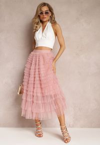 Renee - Różowa Tiulowa Spódnica Maxi z Gumką w Pasie i Falbankami Mahlia. Kolor: różowy. Materiał: tiul #1