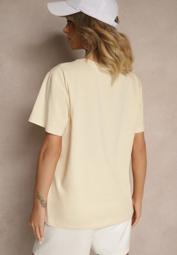 Renee - Beżowy T-shirt z Bawełny z Naszytymi Cekinami Avenelli. Okazja: na co dzień. Kolor: beżowy. Materiał: bawełna. Wzór: aplikacja. Styl: klasyczny, casual, elegancki