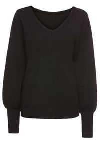 Sweter z balonowymi rękawami bonprix czarny. Kolor: czarny. Materiał: materiał, dzianina, wiskoza, poliamid. Wzór: ze splotem, gładki. Sezon: wiosna #1