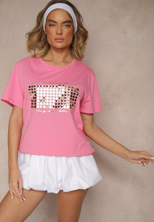 Renee - Różowy T-shirt z Bawełny z Naszytymi Cekinami Avenelli. Okazja: na co dzień. Kolor: różowy. Materiał: bawełna. Wzór: aplikacja. Styl: klasyczny, elegancki, casual