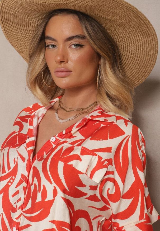 Renee - Pomarańczowa Pudełkowa Sukienka w Typie Koszuli w Liście Liasenna. Kolor: pomarańczowy. Długość rękawa: krótki rękaw. Typ sukienki: koszulowe