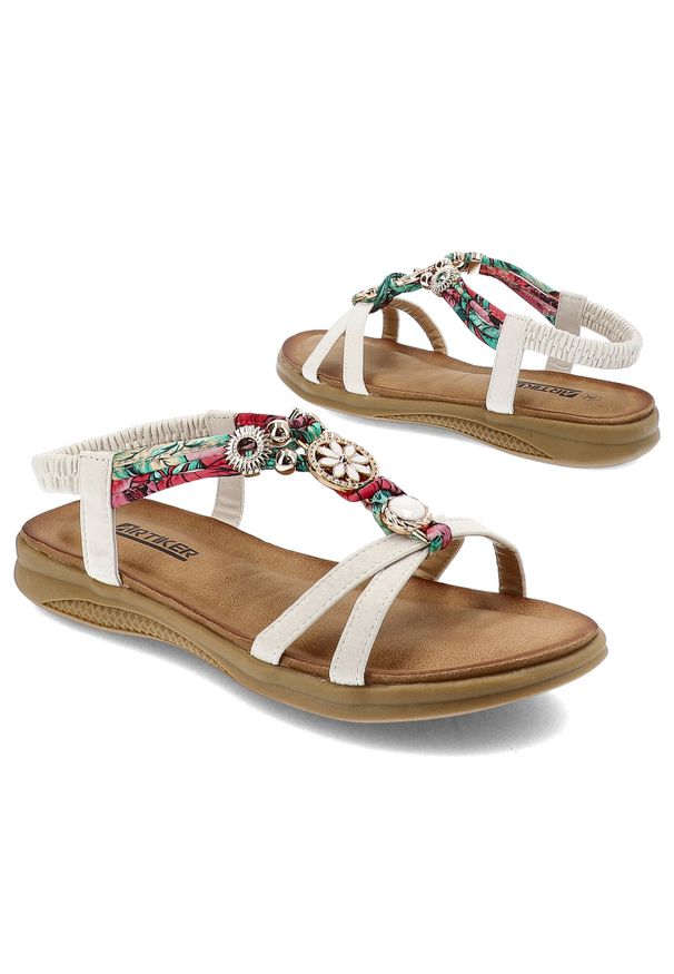 Białe Sandały Artiker Modne Obuwie Damskie. Okazja: na spacer. Zapięcie: pasek. Kolor: biały. Materiał: materiał. Wzór: kolorowy, paski, aplikacja. Sezon: lato