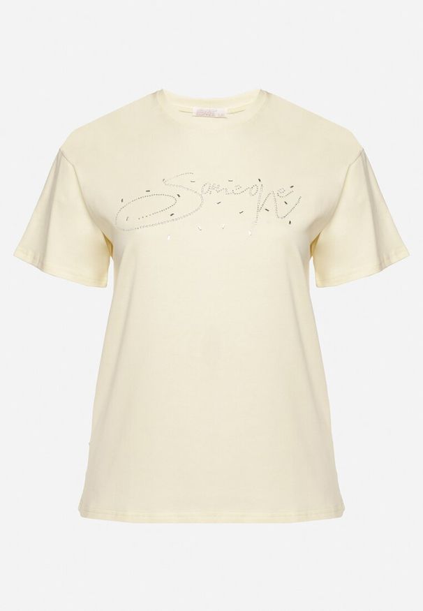 Born2be - Żółty Bawełniany T-shirt z Ozdobnym Napisem i Cyrkoniami Olisandra. Okazja: na co dzień. Kolekcja: plus size. Kolor: żółty. Materiał: bawełna. Wzór: napisy. Styl: klasyczny, casual
