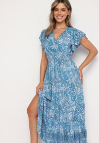 Born2be - Niebieska Rozkloszowana Kopertowa Sukienka z Bawełny o Wzorze Paisley z Gumką w Talii Zonne. Okazja: na co dzień. Typ kołnierza: dekolt kopertowy, dekolt w kształcie V. Kolor: niebieski. Materiał: bawełna. Długość rękawa: krótki rękaw. Wzór: paisley. Typ sukienki: kopertowe. Styl: klasyczny, elegancki, casual #3