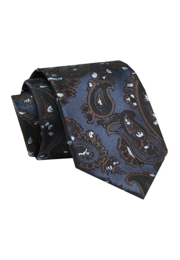 Alties - Męski Krawat - ALTIES - Klasyczny - Granatowy z Brązowym Motywem Paisley. Kolor: niebieski. Materiał: tkanina. Wzór: paisley. Styl: klasyczny